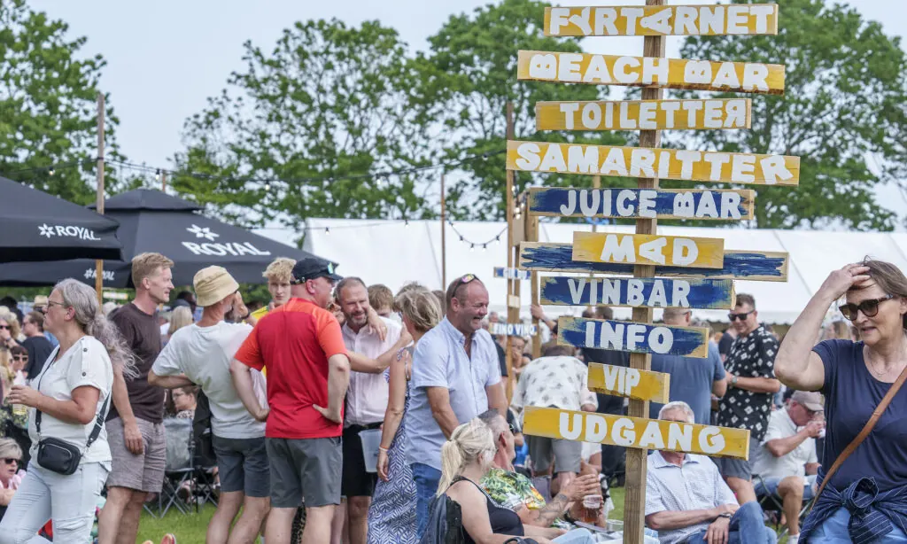 Skiltepæl på festivalpladsen med bar, toiletter og info